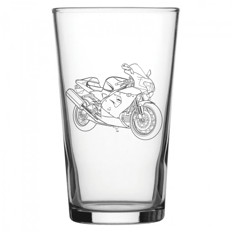 mockup image of Pint Beer Glass engraved with Aprilia RSV Mille R Motorcycle Artwork | Giftware Engraved