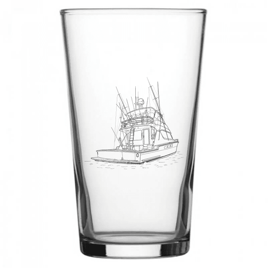 mockup image of Pint Beer Glass engraved with Fishing Yacht Artwork | Giftware Engraved