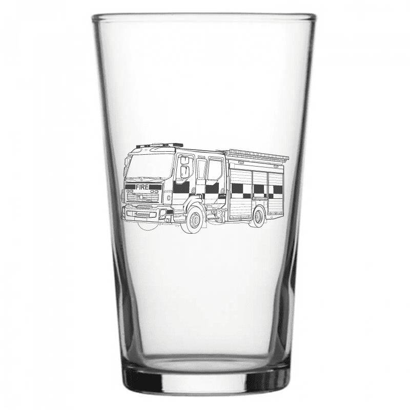 mockup image of Pint Beer Glass engraved with Fire Engine Truck Artwork | Giftware Engraved
