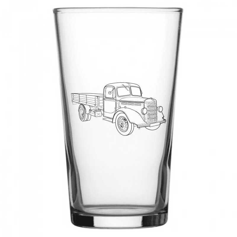 mockup image of Pint Beer Glass engraved with Vintage Bedford Truck Artwork | Giftware Engraved