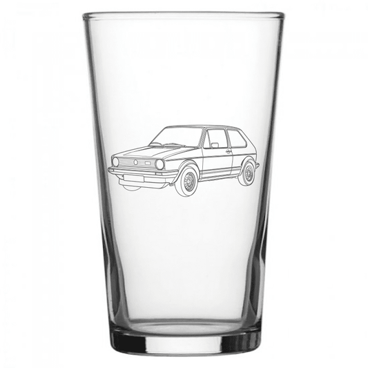 mockup image of Pint Beer Glass engraved with VW Golf Mk 1 Artwork | Giftware Engraved