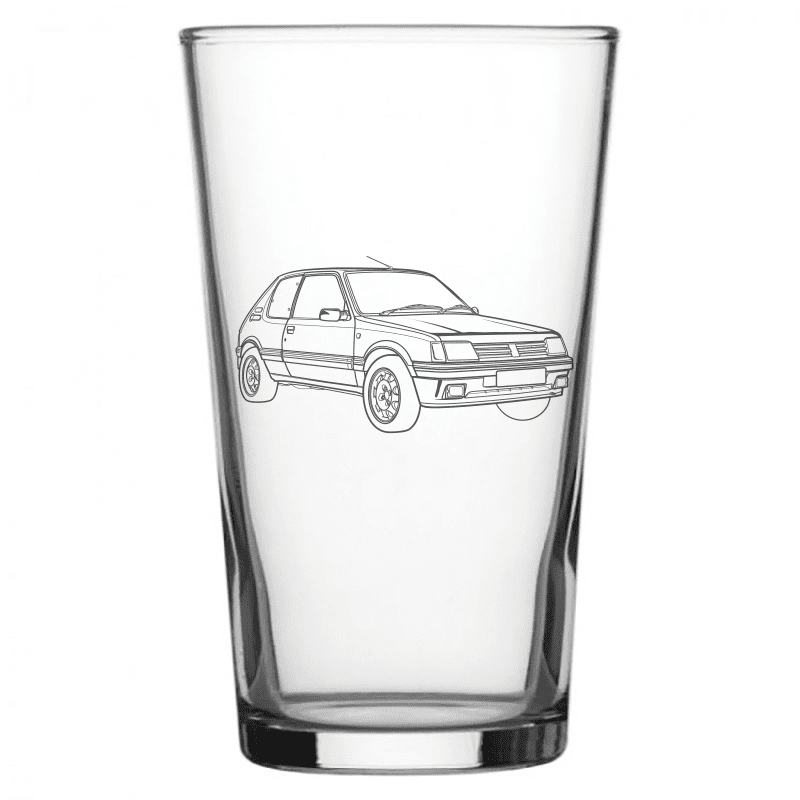 mockup image of Pint Beer Glass engraved with Peugeot 205 Gti Artwork | Giftware Engraved