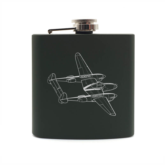 P38 lighting aircraft  hip flask – digital engraving mockup / engraving preview