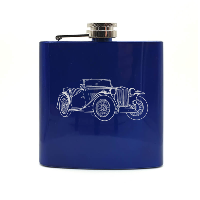 1946 MG TC car hip flask – digital engraving mockup / engraving preview