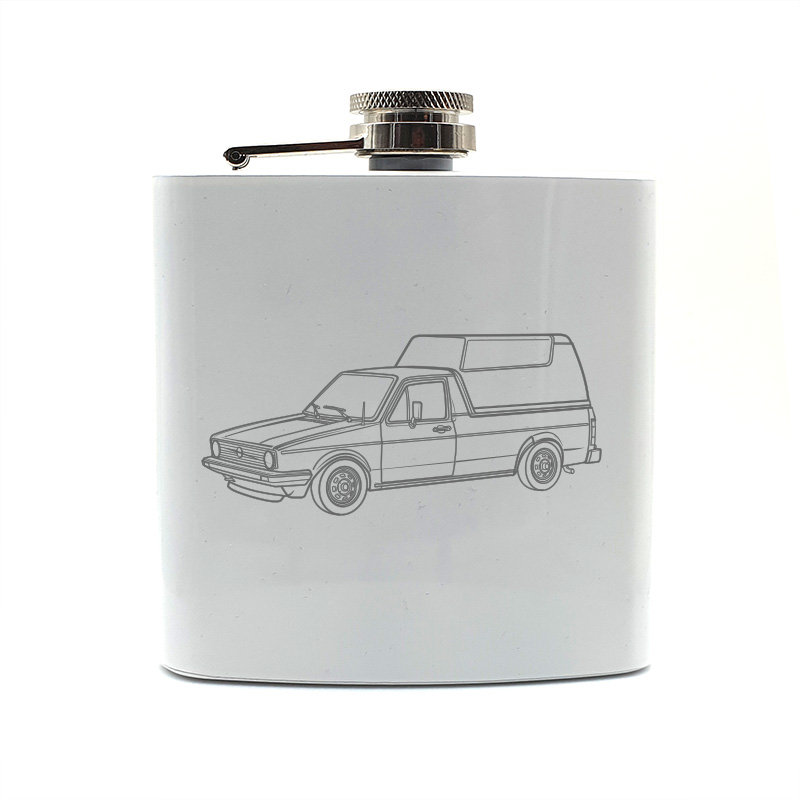 Caddy Van hip flask – digital engraving mockup / engraving preview