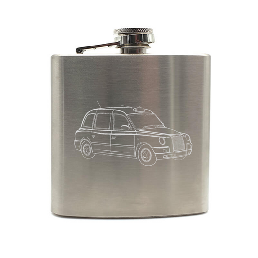 London Taxi hip flask – digital engraving mockup / engraving preview