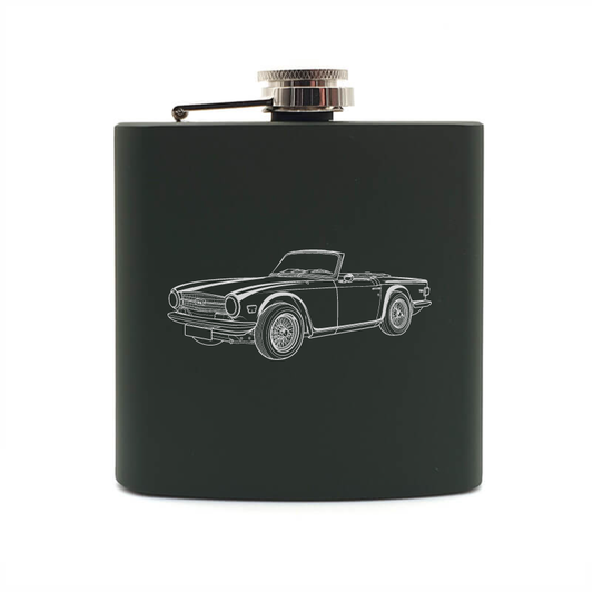 TR6 classic sports car hip flask – digital engraving mockup / engraving preview