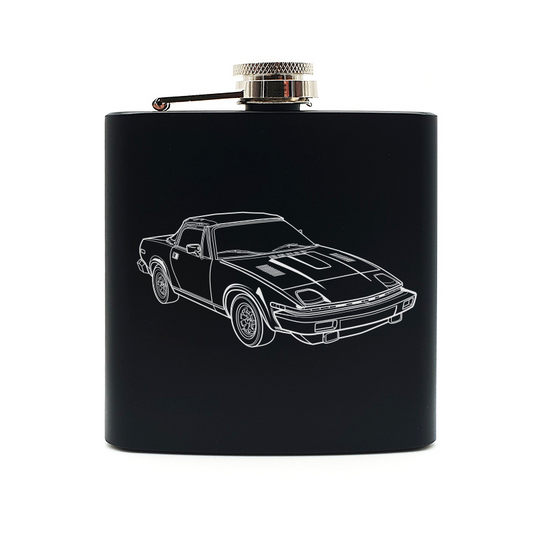 TR8 classic car hip flask – digital engraving mockup / engraving preview