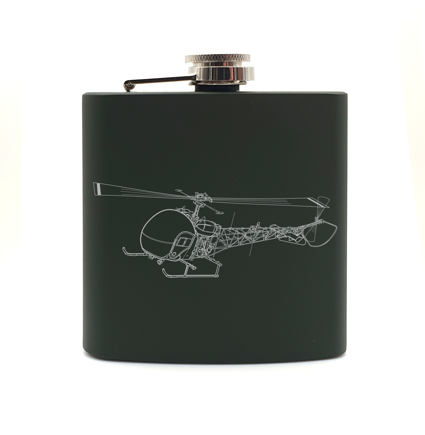 Bell 47 Sioux helicopter hip flask – digital engraving mockup / engraving preview