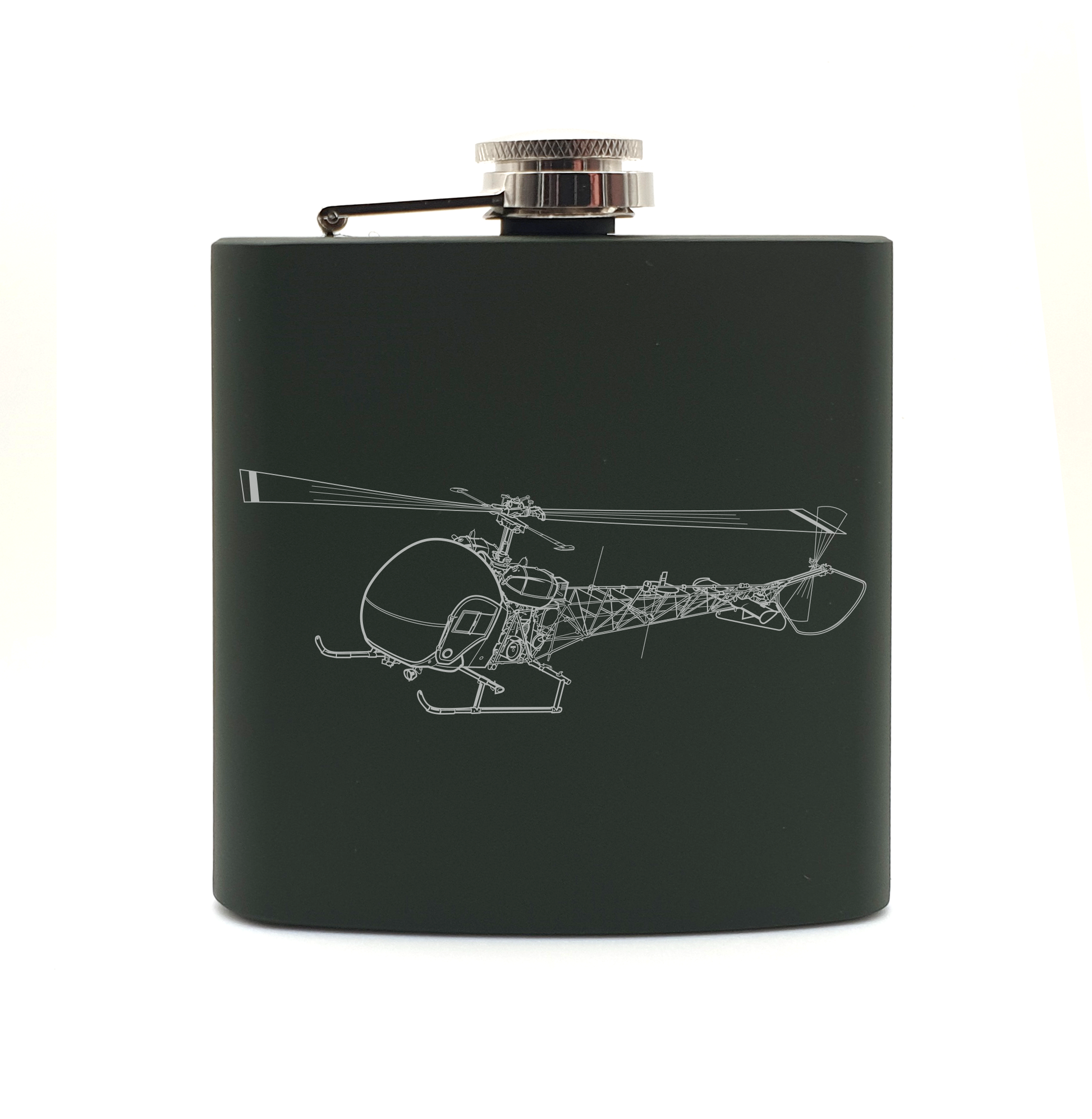 Bell 47 Sioux helicopter hip flask – digital engraving mockup / engraving preview