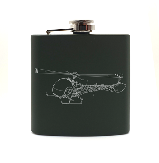 Bell 47 Sioux helicopter hip flask – digital engraving mockup / engraving preview