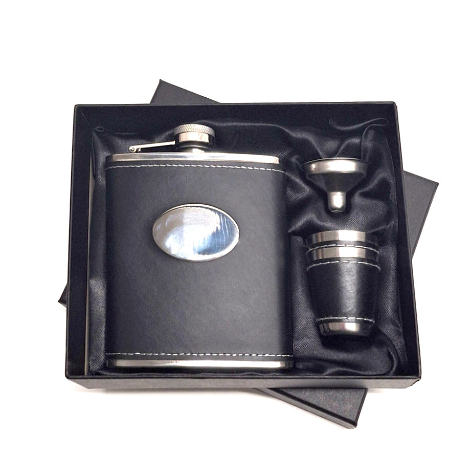 Black Leather Hip Flask in Satin Giftbox with Tot Cups and Funnel