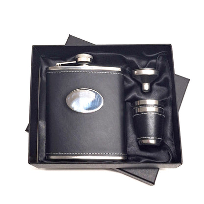 Black Leather Hip Flask in Satin Giftbox with Tot Cups and Funnel