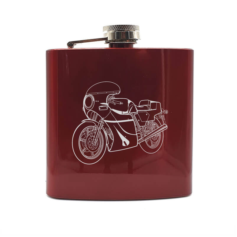 Hailwood motorcycle hip flask – digital engraving mockup / engraving preview