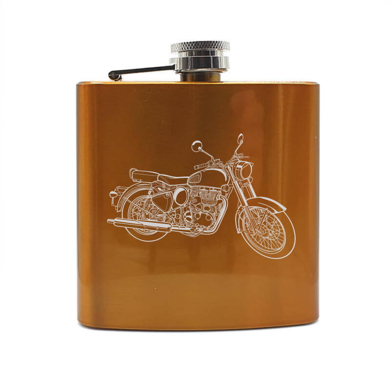 RE 500 classic motorcycle hip flask – digital engraving mockup / engraving preview