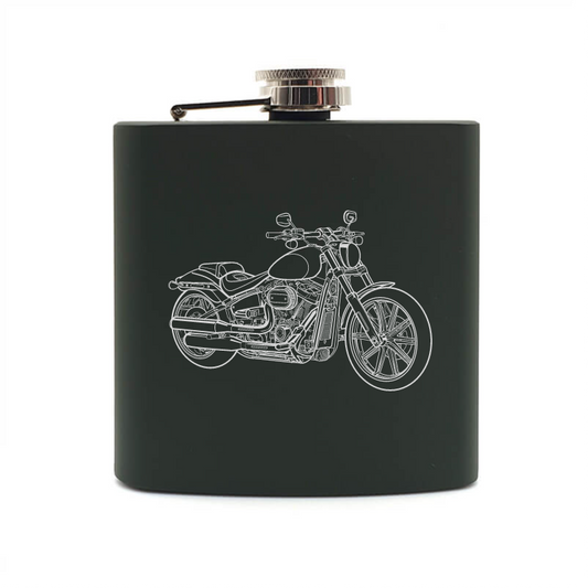breakout motorcycle hip flask – digital engraving mockup / engraving preview