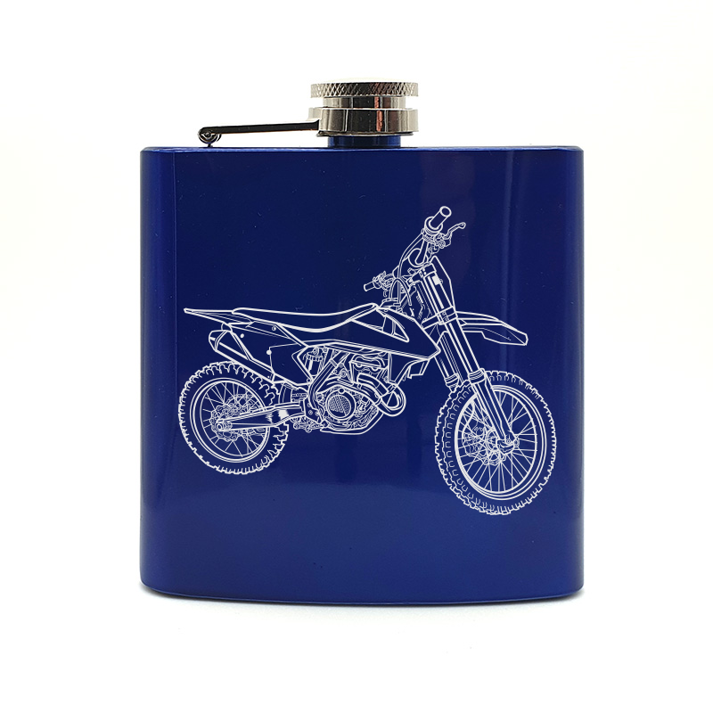 KTM SFX350 motorcycle hip flask – digital engraving mockup / engraving preview