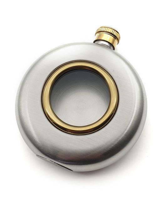 Round Steel Hip Flask with  Gold Porthole Window on White Background