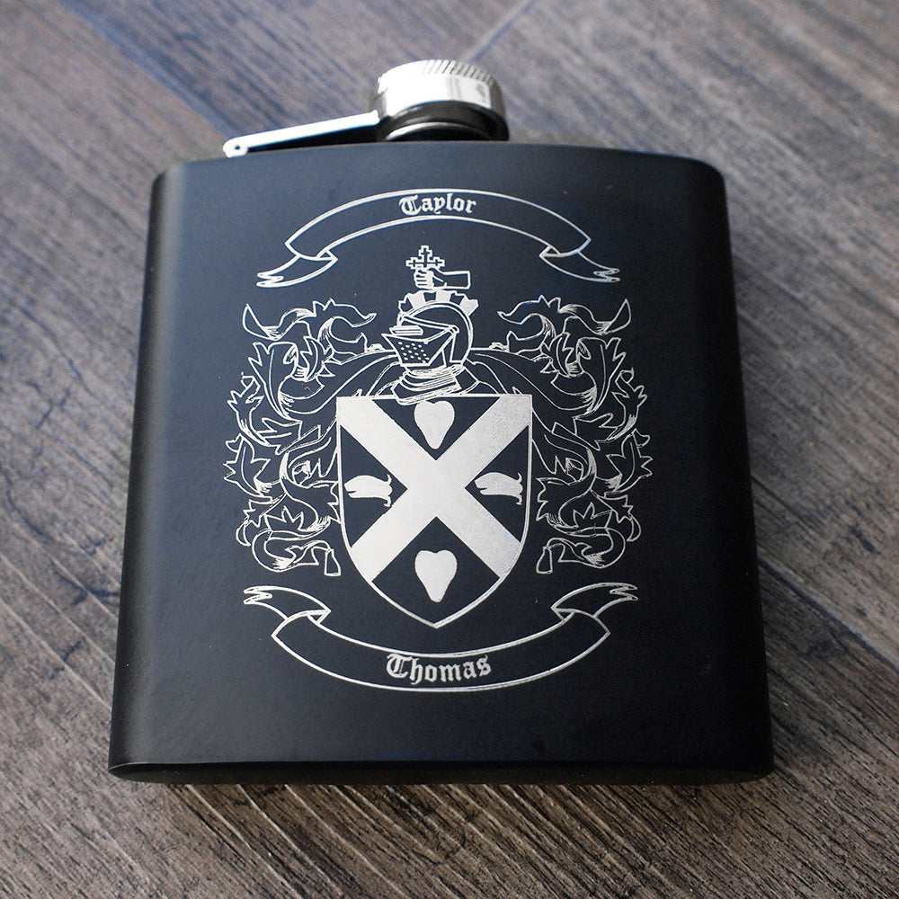 Black Flask shield crest engraved on front