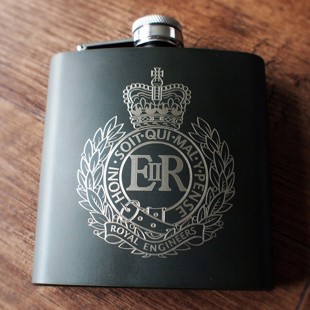 Dark green flask with an British army crest engraved.