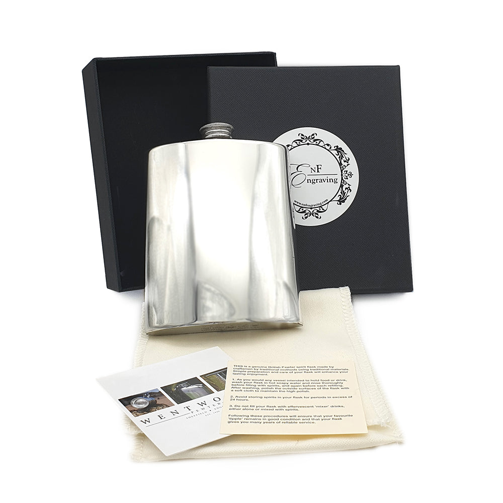 6oz Pewter Hip Flask in front of Gift box and manufacturers leaflet of Authenticity