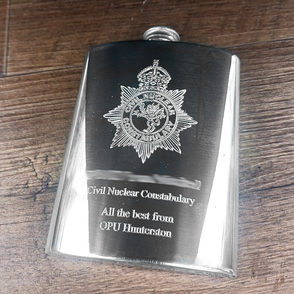 Pewter flask with Nuclear constabulary Police Crest engraved on the front