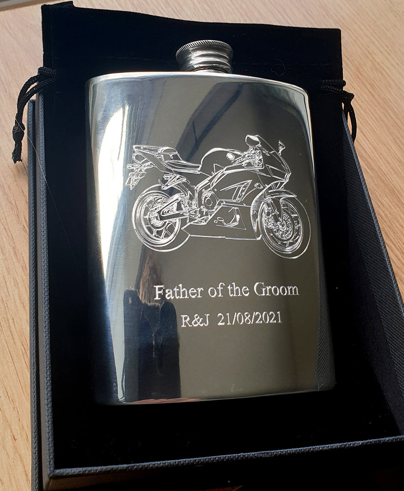 Father of the groom pewter hipflask engraved with our fireblade motorcycle artwork.