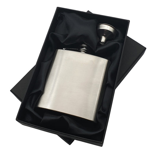 silver steel hip flask in black satin gift box with pouring funnel