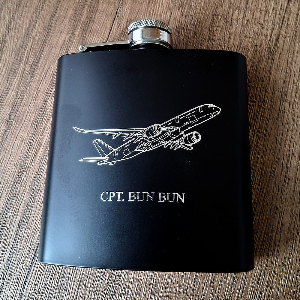 Airbus A350 Artwork on a Personalised Black Hip Flask.
