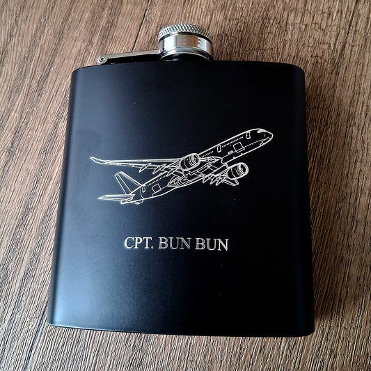Airbus A350 Artwork on a Personalised Black Hip Flask.