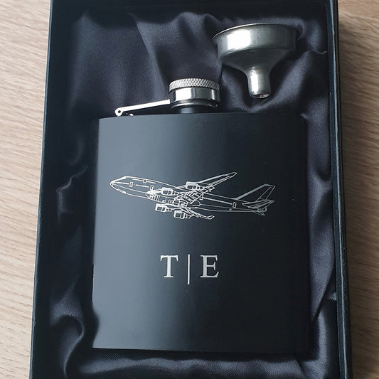 Boeing 747 Aircraft artwork on Black Hipflask in Black Satin Gift Box