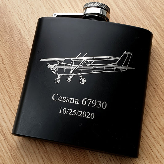 Cessna 152 Artwork engraved om Black coated Hip Flask with additional personalisation.