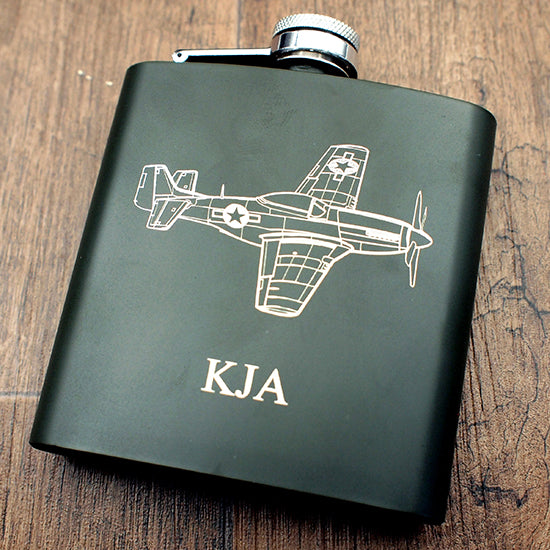 World War 2 P51 Mustang Aircraft engraved on Green Hip Flask