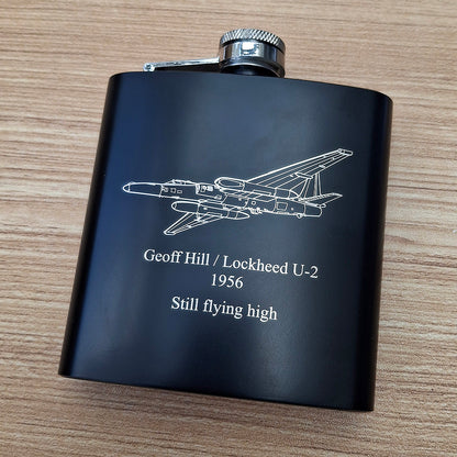 A Black coated Hipflask engraved with our Lockheed U2 spy plane artwork.
