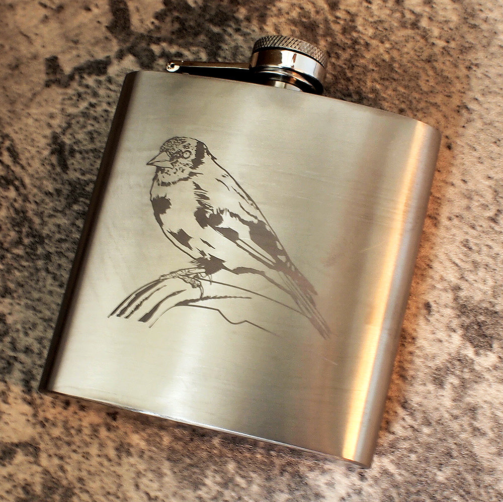 Golden Fitch Artwork engraved on a Steel Hip Flask