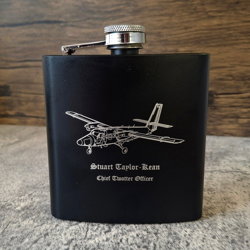 Twin otter aircraft engraved on a Matt black personalised hip flask