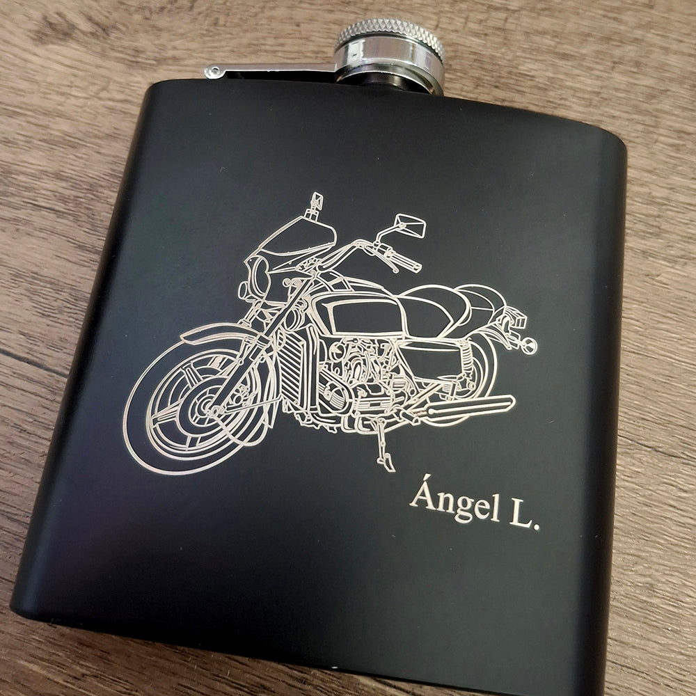 Classic Gold wing motorcycle engraved on a black hip flask with personalisation