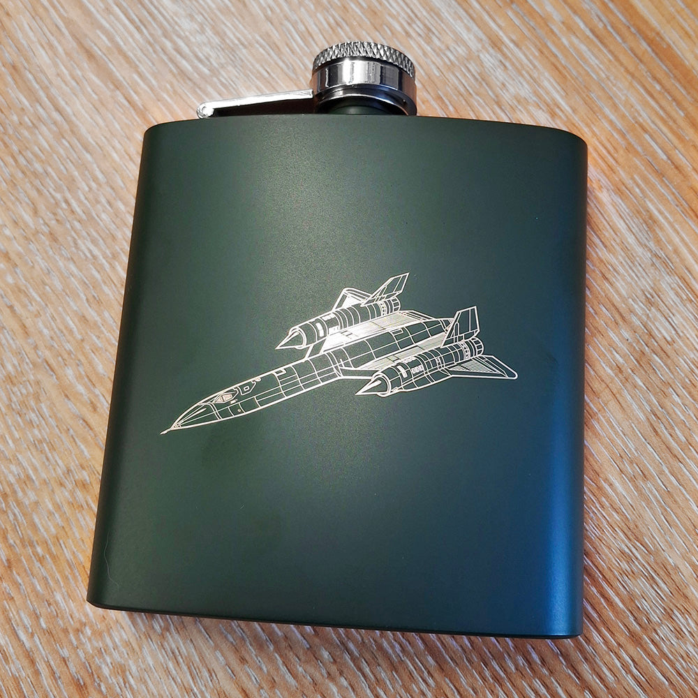 Our SR71 Blackbird aircraft artwork engraved on a green hip flask