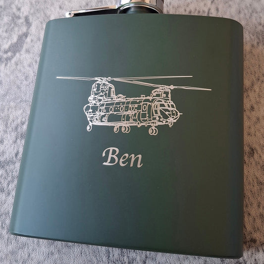 Chinook Helicopter artwork engraved on a Green hip flask with name underneath.
