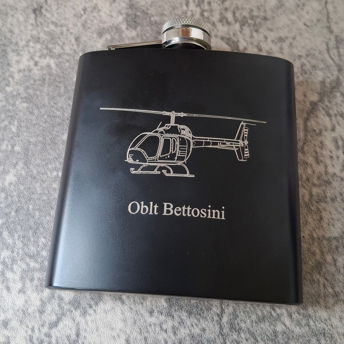 Bell Jet Ranger 505 helicopter artwork engraved on Black steel Hip Flask