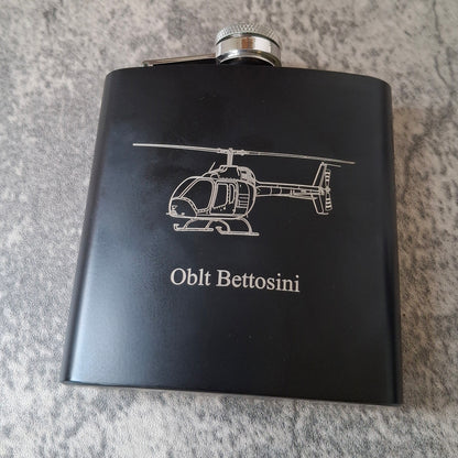 Bell Jet Ranger 505 helicopter artwork engraved on Black steel Hip Flask