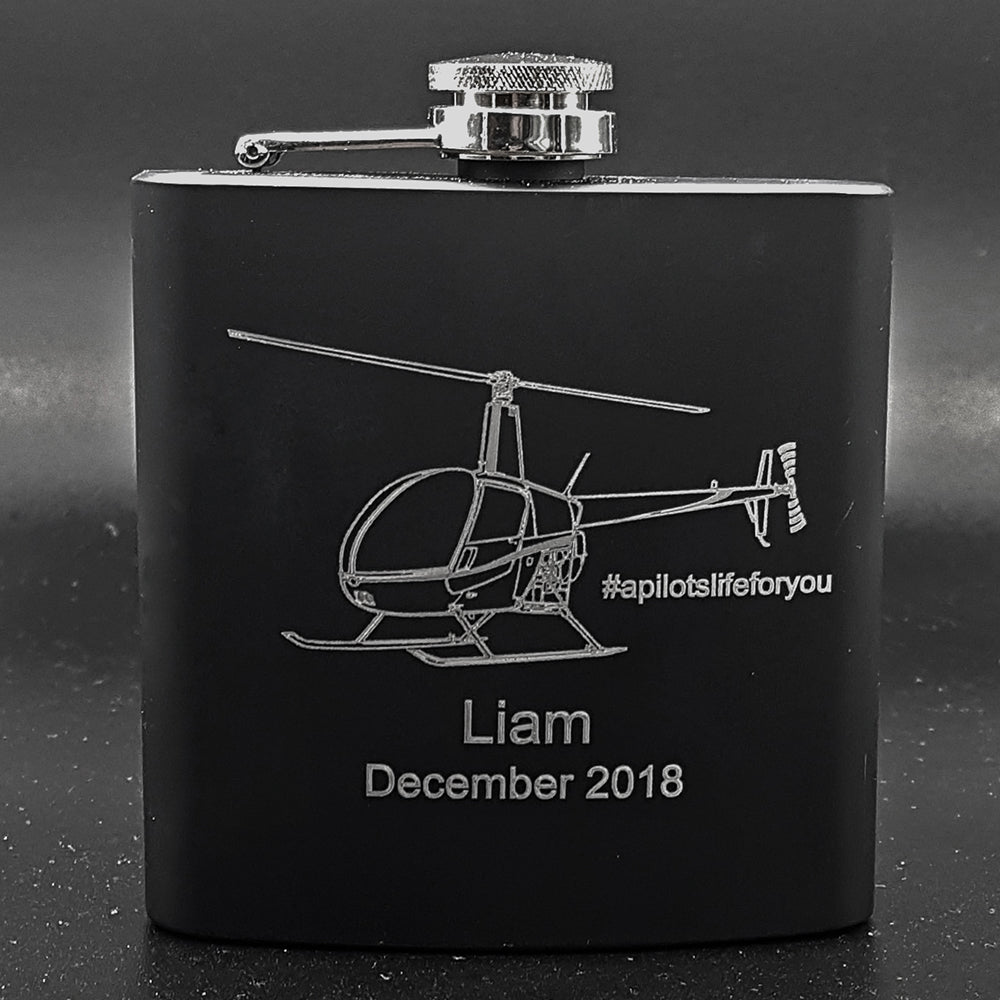 Robinson R22 Helicopter Engraved on Black Hip Flask