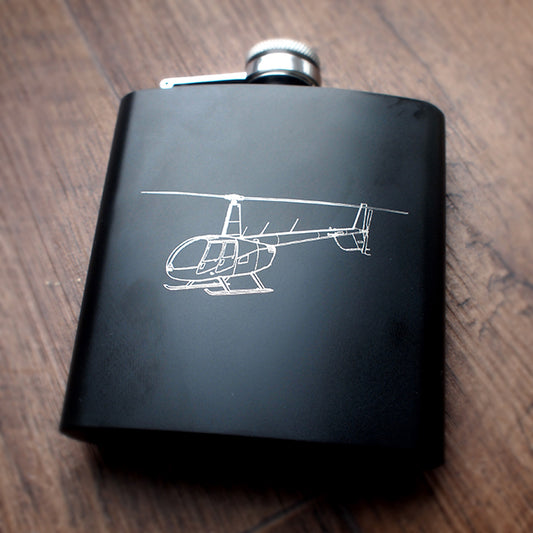 Our Robinson R44 Helicopter artwork on a Black Hip Flask