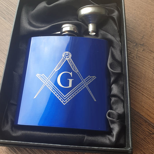 Masonic Compass and set square Logo with Centre G engraved on Blue Hipflask shown in Black Satin Line Gift Box