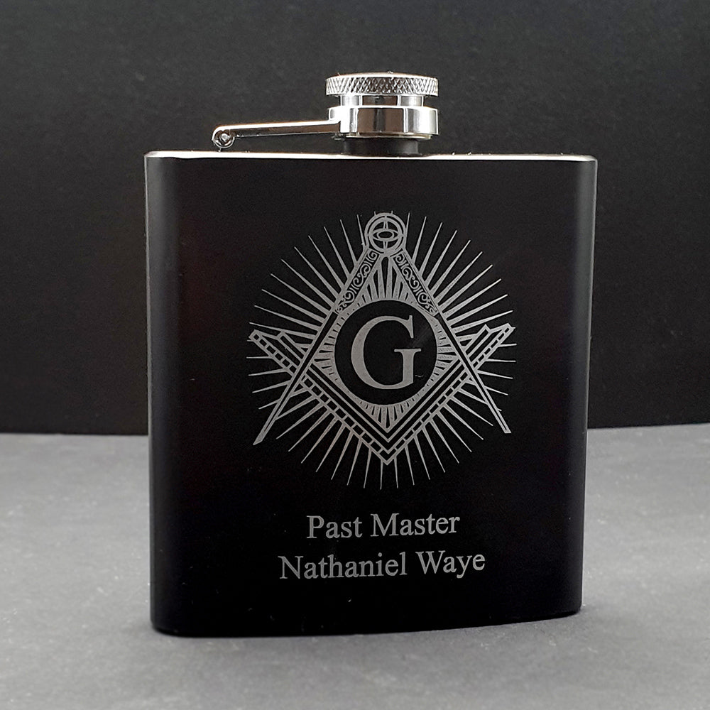 Starburst Masonic Logo with centre G engarved on personalised black hip flask