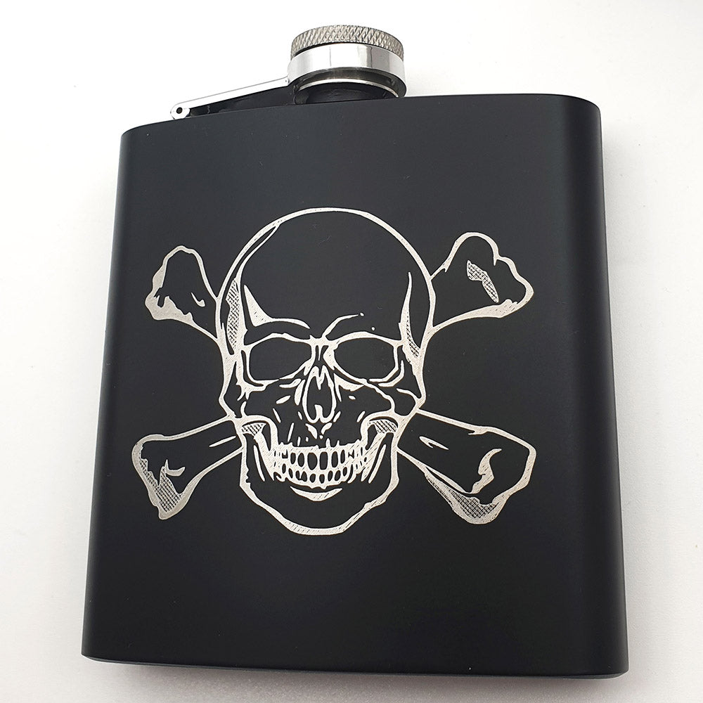 Black flask with skull and crossbones design on a white background
