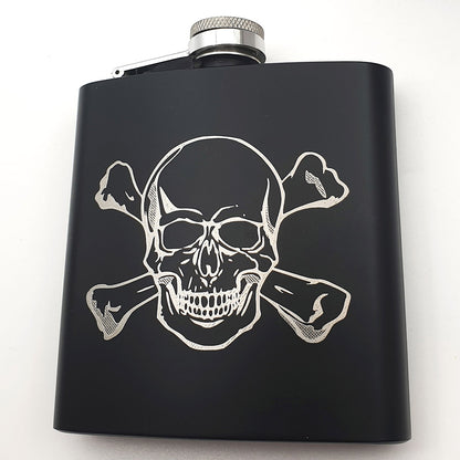 Black flask with skull and crossbones design on a white background