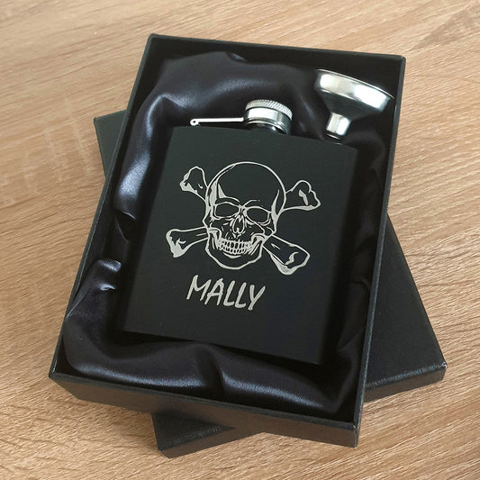 Skull and Crossbones design engraved on Black Hip Flask with Mally engraved beneath in  a Black Satin lined Gift box with Pouring Funnel.