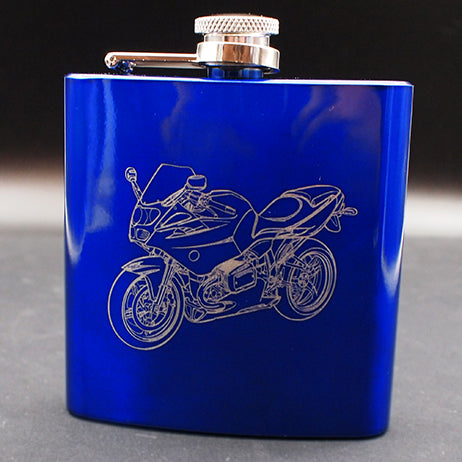 Our R1100 Motorcycle artwork engarved on Blue Hip Flask