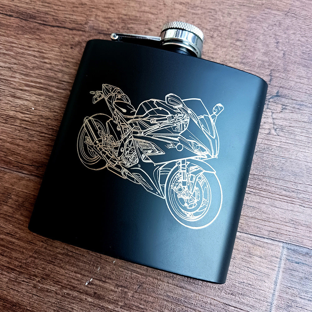 Our S1000RR Motorcycle Artwork engraved on Black Hip Flask